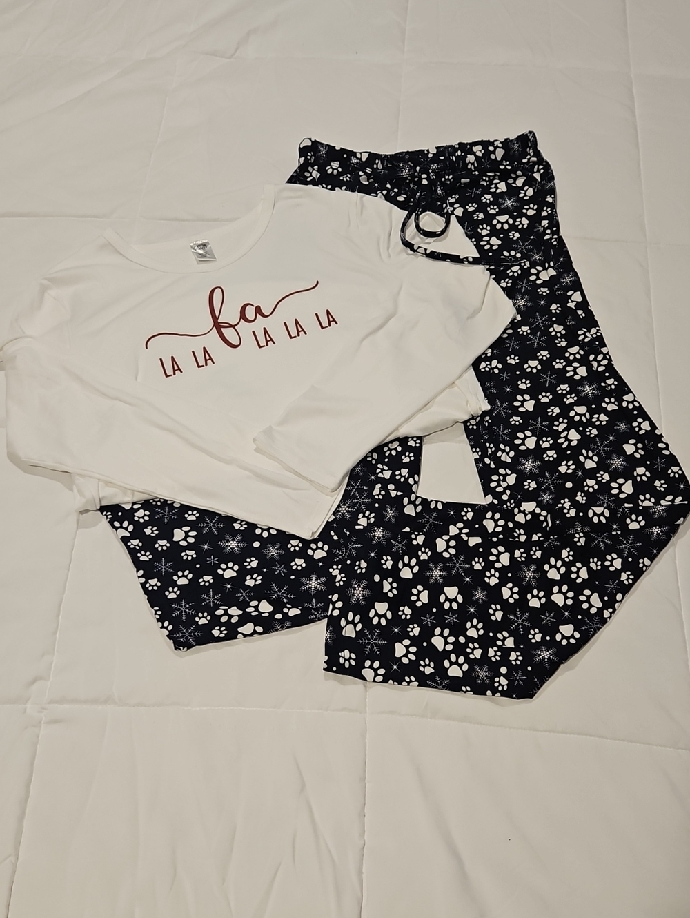 Holiday 'Fa La La La' White Top and Dark Navy Paw Print Pajama Pants